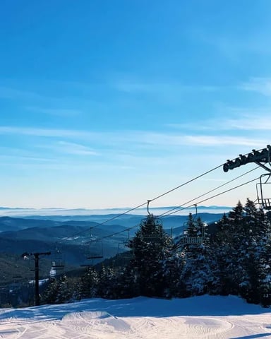 Panoramic view from Killington Mountain in the winter with ski lifts.