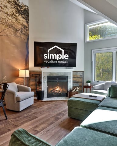 Cozy condo living room with fireplace in winter