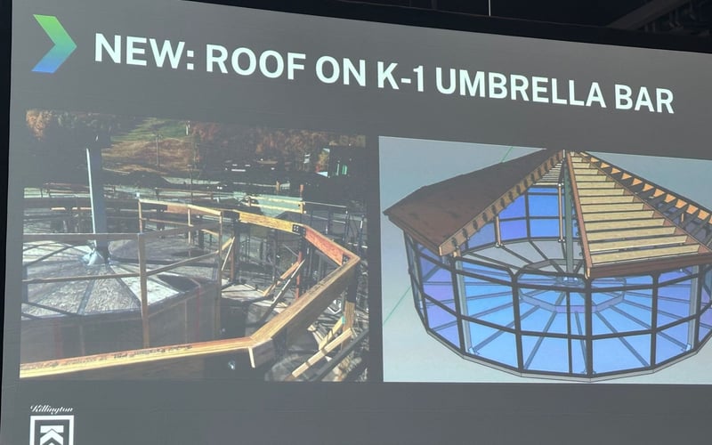 New: Roof on K-1 Umbrella Bar: construction photo and architectural rendering