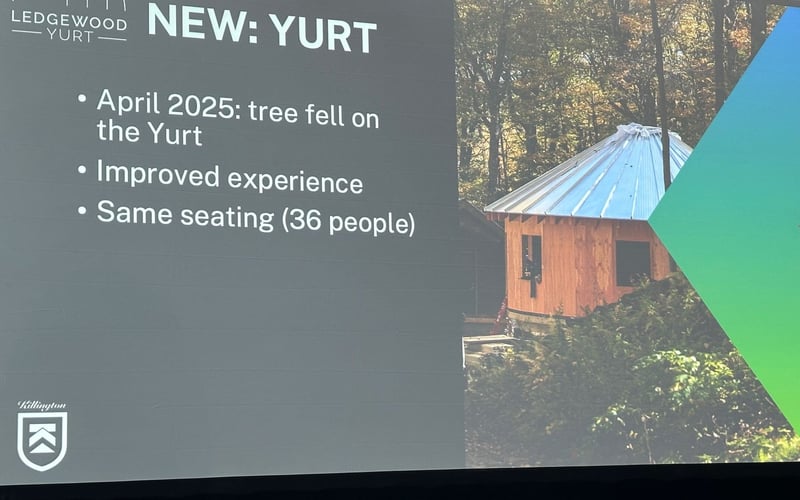New: Yurt (Ledgewood): tree fell April 2025, rebuilt with improved experience, same 36-person seating