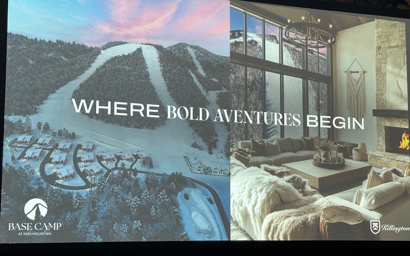 Base Camp at Bear Mountain: aerial rendering and luxury interior, 'Where Bold Adventures Begin'